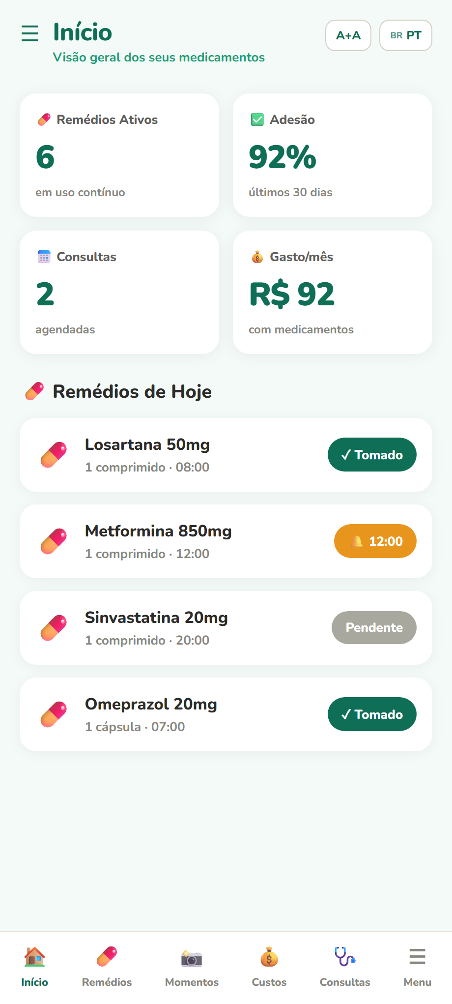 Tela inicial com os remédios de hoje e um resumo do tratamento