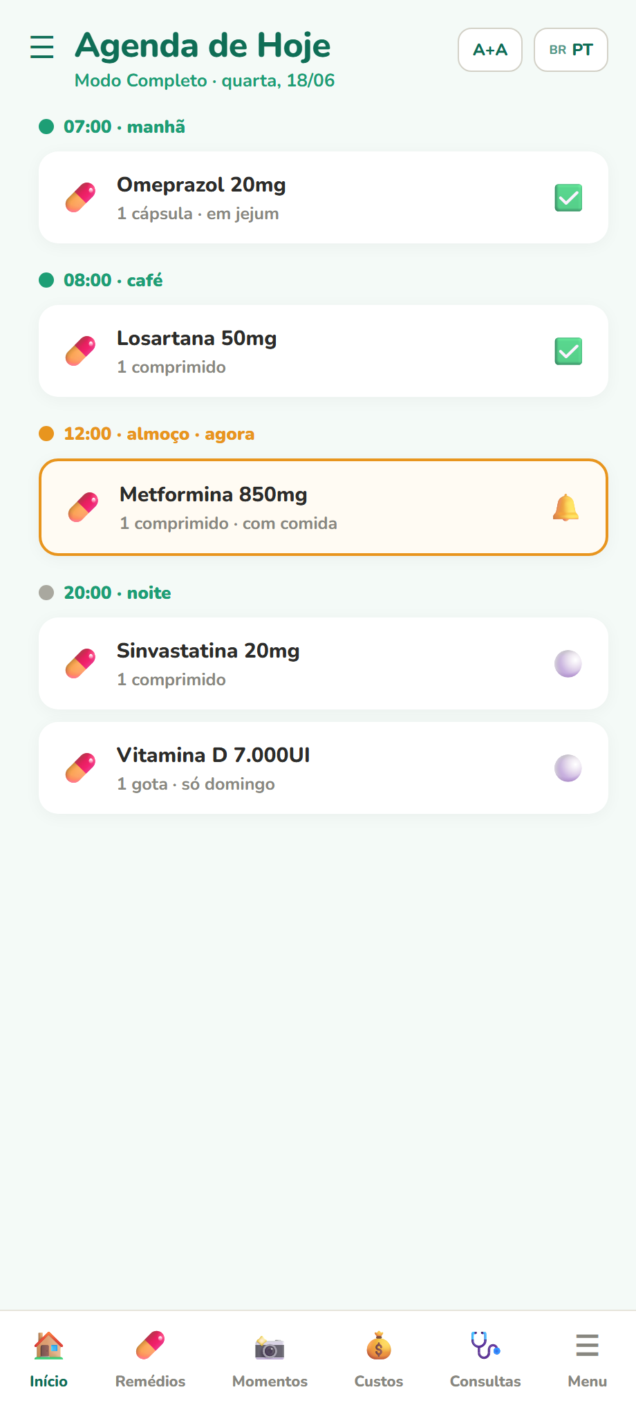 Modo Completo com a agenda detalhada de doses
